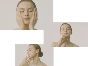 Frau mit geschlossenen Augen, die ihre Hände auf ihre Wangen drückt. / Frau mit geschlossenen Augen, die mit ihrer rechten Hand Creme auf ihren Hals aufträgt. / Frau mit geschlossenen Augen, die mit Zeige- und Mittelfinger Creme vom Kinn bis unter das Ohr aufträgt.