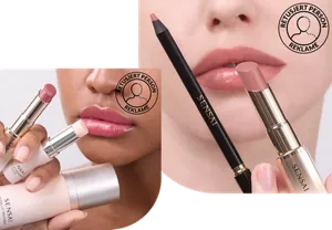 Nærbilde av en kvinnes lepper med to leppeprodukter – Sensai Lip Pencil og Moisture Intense Lipstick Nærbilde av en kvinnes lepper med tre leppeprodukter: Moisture Intense Lipstick, Total Lip Treatment Stick og Total Lip Treatment.