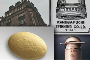 Collage di quattro immagini raffiguranti l'edificio di Harrods, un registro aziendale, un sapone di seta e un barattolo di crema.