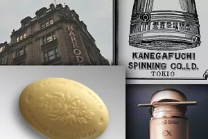 Collage of four images showing Harrods building, a company log, a silk soap, and a cream jar.