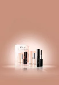 Lip and eye limited set with lip treatment stick and mascara in front of pink box