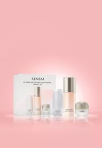 Lip care and double moisturising limited set with bottles and cream jar on pink background