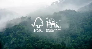 霧がかかった深い緑の森のイメージと、FSC®ロゴ。