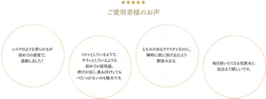 ご愛用者様のお声　シルクのように​滑らかさが​初めての​感覚で、​感動しました！​／トロッと​しているようで、​サラッと​しているような​初めての​使用感。​ 伸びが​良く、​重ね付けしてもべと​つかないのも​魅力です。​／とろみの​ある​テクスチャなのに、​瞬時に​肌に​溶け込むよう馴染みます。​／毎日​使いたくなる​化粧水に​出会えて​嬉しいです。​