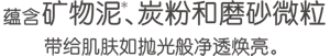 蕴含矿物泥＊、炭粉和磨砂微粒 带给肌肤如抛光般净透焕亮。