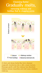 Cleansing Butter Gradually melts, removing makeup and buildup that is clogging pores Stratum corneum Sebum Makeup residue Pore buildup Botanical derived oils A thick and dense butter-like form cleanser magically transforms into a silky cream texture. Massage gently until the makeup has dissolved, helping remove impurities and melt away stubborn make-up.