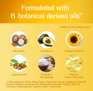 Formulated with 6 botanical derived oils*1 Photos are for reference only Shea Butter Avocado Oil Sunflower Seed Oil Jojoba Seed Oil Phytosteryl Macadamiate Caprylic/Capric Triglyceride *1 Butyrospermum Parkii (Shea) Butter, Helianthus Annuus (Sunflower) Seed Oil, Persea Gratissima (Avocado) Oil, Simmondsia Chinensis (Jojoba) Seed Oil, Phytosteryl Macadamiate, Caprylic/Capric Triglyceride