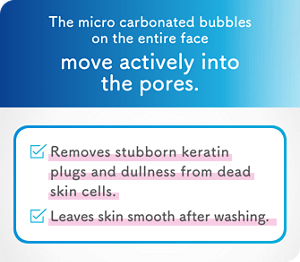 The micro carbonated bubbles on the entire face move actively into the pores. Removes stubborn keratin plugs and dullness  from dead skin cells.  Leaves skin smooth after washing.