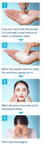 1パウダーをとった 手をくぼませて、 少量の水または ぬるま湯を加えます 2パウダーがふわっと 発泡してきたら、 十分に泡立てます 3顔全体を つつみこむように 洗ってください 4水またはぬるま湯で よくすすいでください