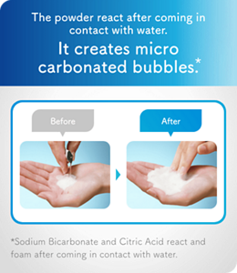 The powder react after coming in contact with water.  It creates micro  carbonated bubbles.  *Sodium Bicarbonate and Citric Acid react and foam after coming in contact with water. 