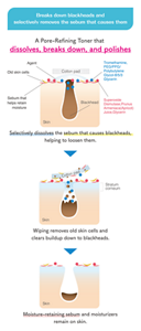 Breaks down blackheads and selectively removes the sebum that causes them A Pore-Refining Toner that dissolves, breaks down, and polishes Selectively dissolves the sebum that causes blackheads, helping to loosen them. Wiping removes old skin cells and clears buildup down to blackheads. Moisture-retaining sebum and moisturizers remain on skin.