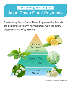 A refreshing, purifying-feel Aqua Green Floral fragrance A refreshing Aqua Green Floral fragrance that blends the brightness of early-harvest citrus with the calm, clean freshness of green tea. Lemon, Bergamot, Lime Green Tea Herb Mix Jasmine, Muguet (Image for illustrative purposes.)