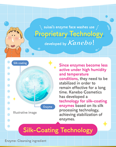 suisai's enzyme face washes use　Proprietary Technology developed by Kanebo!　Since enzymes become less active under high humidity and temperature conditions, they need to be stabilized in order to remain effective for a long time. Kanebo Cosmetics has developed a technology for silk-coating enzymes based on its silk processing technology,  achieving stabilization of enzymes.　Silk coating　Enzyme　Illustrative image　Silk-Coating Technology　Enzyme: Cleansing ingredient