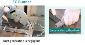 With EG runners, dust generation is negligible. It can also be cut with a metal saw blade.