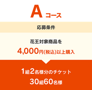Aコース 応募条件 花王対象商品を4,000円(税込)以上購入 1組2名様分のチケット 30組60名様