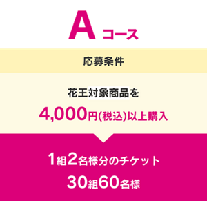 Aコース 応募条件 花王対象商品を4,000円(税込)以上購入 1組2名様分のチケット 30組60名様