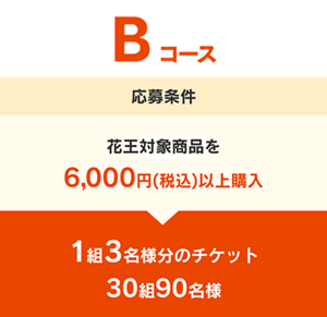 Bコース 応募条件 花王対象商品を6,000円(税込)以上購入 1組3名様分のチケット 30組90名様