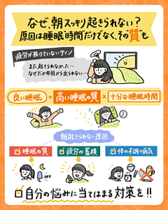 朝すっきり起きられない原因は睡眠時間だけでなく睡眠の質にもあることを示すキービジュアル