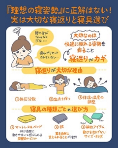 「理想の寝姿勢」に正解はない！実は大切な寝返りと寝具選び。快適に眠れる姿勢を探すことと寝返りがカギであること、寝返りが大切な3つの理由、マットレス・枕・補助アイテムの選び方までを1枚にまとめた記事全体の要約イラスト