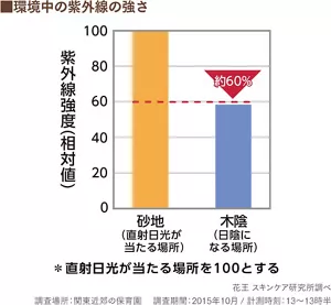 グラフ：環境中の紫外線の強さ　花王スキンケア研究所調べ、調査場所：関東近郊の保育園、調査期間：2015年10月、計測時刻：13~13時半