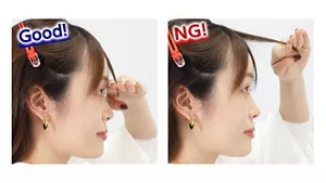 良い例：前髪をはさんだ指を額に付けた状態の画像。悪い例：指を額から離した状態の画像