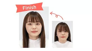 カット前と、ラウンド前髪の完成の画像
