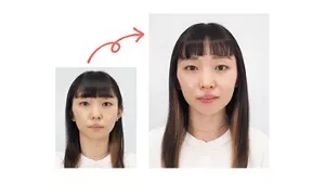 前髪をヘアアイロンでCカール風にしたアレンジ前後の画像