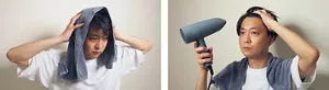 タオルで髪を拭く男性の画像、ドライヤーで髪を乾かす男性の画像。
