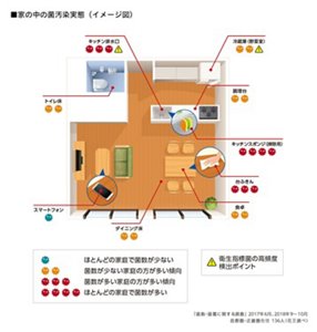 家の中の菌汚染実態（イメージ図）「菌数・菌叢に関する調査」2017年6月、2018年9～10月　首都圏・近畿圏在住 136人（花王調べ）