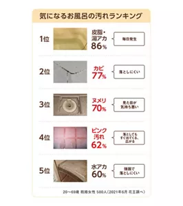 気になるお風呂の汚れランキング　1位 皮脂・湯アカ 86％、2位 カビ 77％、3位 ヌメリ 70％、4位 ピンク汚れ 62％、5位 水アカ 60％　20〜69歳 既婚女性 580人（複数回答/上位5項目） （2021年6月 花王調べ）