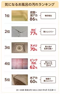 気になるお風呂の汚れランキング　1位 皮脂・湯アカ 86％、2位 カビ 77％、3位 ヌメリ 70％、4位 ピンク汚れ 62％、5位 水アカ 60％　20〜69歳 既婚女性 580人（複数回答/上位5項目） （2021年6月 花王調べ）