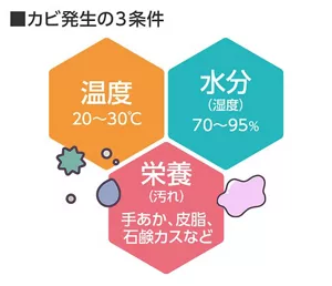カビ発生の３条件のイメージ図。温度20～30℃、水分（湿度）70～95％、栄養（汚れ）手あか、皮脂、石鹸カスなど