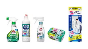 トイレマジックリン消臭・洗浄スプレー 汚れ予防プラス・除菌洗浄トイレハイター・トイレマジックリン こすらずスッキリ泡パック・トイレクイックル ストロング・クイックル ミニワイパーの写真