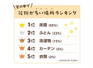 家の中で花粉が多い場所ランキングの図（2005年3月 花王調べ）