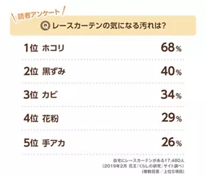 読者アンケート：Qレースカーテンの気になる汚れは？　自宅にレースカーテンがある17,480人（2019年2月 花王『くらしの研究』サイト調べ）（複数回答／上位５項目）