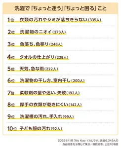 洗濯で「ちょっと迷う」「ちょっと困る」ことの一覧　2025年11月「My Kao くらしラボ」読者6,349人の自由回答を分類して集計／複数回答、上位10項目 1位 衣類の汚れやシミが落ち切らない 335人、2位 洗濯物にニオイ248人、3位 色落ち・色移り248人、4位 タオルの仕上がり228人、5位 天気・急な雨222人、6位 洗濯物の干し方・室内干し200人、7位 柔軟剤の量や迷い・失敗192人、8位 厚手の衣類が乾きにくい142人、9位 洗濯槽の汚れ・手入れ99人、10位 子ども服の汚れ92人 