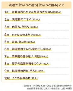 洗濯で「ちょっと迷う」「ちょっと困る」ことの一覧　2025年11月「My Kao くらしラボ」読者6,349人の自由回答を分類して集計／複数回答、上位10項目 1位 衣類の汚れやシミが落ち切らない 335人、2位 洗濯物にニオイ248人、3位 色落ち・色移り248人、4位 タオルの仕上がり228人、5位 天気・急な雨222人、6位 洗濯物の干し方・室内干し200人、7位 柔軟剤の量や迷い・失敗192人、8位 厚手の衣類が乾きにくい142人、9位 洗濯槽の汚れ・手入れ99人、10位 子ども服の汚れ92人 