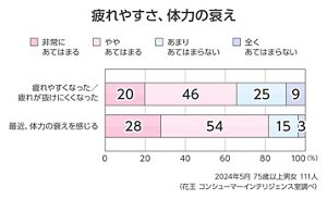 疲れやすさ、体力の衰えのグラフ　疲れやすくなった／疲れが抜けにくくなった：66％（非常にあてはまるとややあてはまるの合計）、最近、体力の衰えを感じる：82％　2024年5月 75歳以上男女 111人（花王 コンシューマーインテリジェンス室調べ）