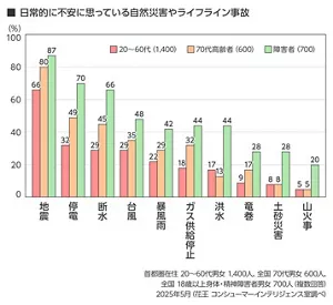 日常的に不安に思っている自然災害やライフライン事故​のグラフ 首都圏在住 20～60代男女 1,400人、全国 70代男女 600人、全国 18歳以上身体・精神障害者男女 700人 （複数回答）​ 2025年5月（花王 コンシューマーインテリジェンス室調べ）​  上位3位まで 20～60代、70代、障害者 それぞれ 「地震」66％、80%、87%、 以下同様に「停電」32%、49%、70%、 「断水」29%、45%、66% 