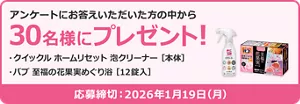 アンケートにお答えいただいた方の中から30名様にプレゼント！ プレゼント品：クイックル ホームリセット 泡クリーナー [本体]　バブ 至福の花果実めぐり浴 [12錠入]　応募締め切り：2026年1月19日(月)
