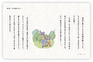 電話を終えてもその状態は続いていた。いったい父のやりたいことって何？父の友人ってどこの誰？。　その時、ふと気がついた。今まで、父が何を思っているか本気で考えたことがあったろうか。そう、私は父のことを何も知らない。父との思い出は多い。風呂で父に背中を洗ってもらうと、ゴシゴシととても痛かったこと。疲れない山歩きの方法を教えてもらったこと。ゲンコツを貰った日のこと。だが、いずれも子供時代のことばっかりだ。