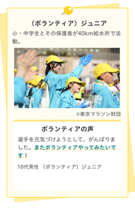 （ボランティア）ジュニア。小・中学生とその保護者が40kｍ給水所で活動。ボランティアの声。選手を元気づけようとして、がんばりました。またボランティアやってみたいです！10代男性 （ボランティア）ジュニア