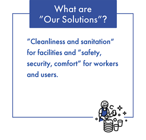 What are ”Our Solutions”? ”Cleanliness and sanitation“ for facilities and ”safety, security, comfort” for workers and users.