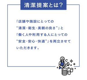 【清潔提案とは？】「店舗や施設にとっての“清潔・衛生・美観の良さ”」と「働く人や利用する人にとっての“安全・安心・快適”」を両立させていただきます。