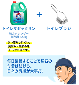 トイレマジックリン + トイレブラシ 毎日清掃することで尿石の付着は防げる。日々の清掃が大事だ。
