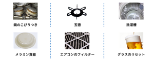 鍋のこびりつき　五徳　洗濯機　メラミン食器　エアコンのフィルター　グラスのリセット
