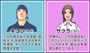 漫画1ページ目：食中毒リスクから店を守れ！登場人物：「キヨシ」(44)三日月商店街で居酒屋『酒処キヨ』を経営する店長兼料理長。キレイ好きで衛生管理は完璧!「サクラ」(32)念願叶い、三日月商店街に『カフェソリジェ』をオープンして半年。最近は常連客も増えつつある。