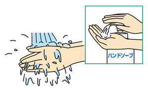 流水で手を洗ったあと、ハンドソープのポンプを押し適量を手の平にのせているイラスト