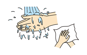 流水で両手をこすりすすぎ、ペーパータオルで拭くイラスト