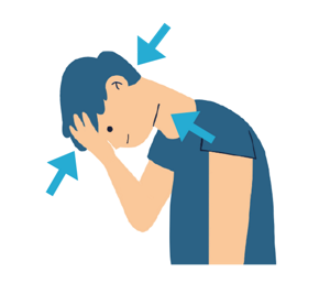 予防的アプローチにおいて重視される項目のイメージイラスト。レジスタンストレーニング（特に前頸部）は右手で額を押して、おへそをのぞきこむように強く下を向いている様子。